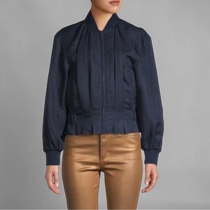 New! FRAME Pintuck Linen Blend Blue Bomber Jacket size S/P